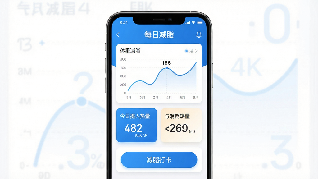 主体:手机屏幕展示“每日减脂”应用主界面,界面显示体重曲线图、今日摄入热量与消耗热量数据卡片、减脂打卡按钮。布局:手机居中,界面元素清晰可辨,周围留白。排版:简洁现代,数据卡片整齐排列,色彩以蓝白为主。风格:写实渲染,明亮通透。细节:屏幕内文字清晰显示“每日减脂”字样,图表线条流畅。画质:4K超清,干净,无多余元素。