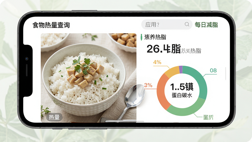 主体:手机屏幕显示“每日减脂”食物热量查询页面,包含一碗米饭的热量数据、蛋白质/碳水/脂肪比例图。布局:食物图片在左,营养数据在右。排版:信息层级分明,数据图表采用环形图。风格:清新自然,食物图片真实诱人。细节:热量数值醒目,标注“每日减脂”应用名称。画质:高清,干净,无多余元素。