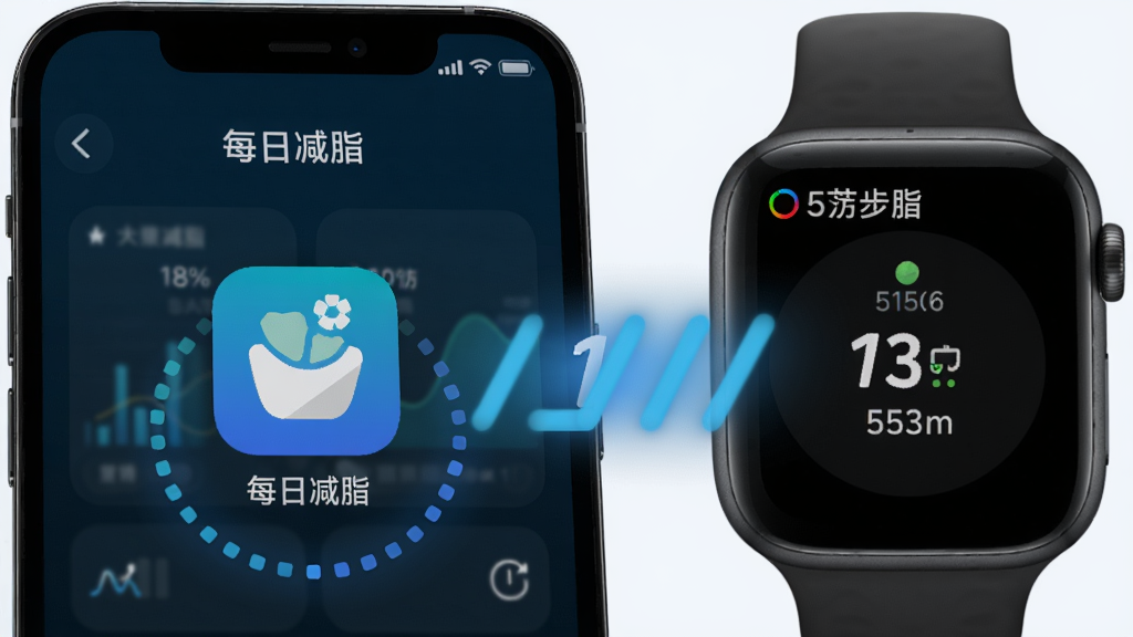 主体:手机与智能手表并排,屏幕显示“每日减脂”的数据同步界面。布局:手机在左,手表在右。排版:简洁,突出同步动画。风格:科技感,蓝色调。细节:手机屏幕出现“每日减脂”应用图标,手表显示步数。画质:细腻,干净,无多余元素。
