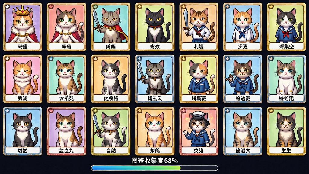 画面主体为一张巨大的卡牌图鉴墙,上面整齐陈列着各种猫咪卡牌,卡牌上印着不同品种、不同姿态的猫咪插画,有戴皇冠的、有拿武器的、有穿水手服的。布局采用平视视角,图鉴墙充满整个画面,形成强烈的视觉冲击。排版上,每张卡牌下方都有对应的名字标签,画面底部有“图鉴收集度 68%”的进度条。整体为明亮的光栅卡牌插画风格,色彩缤纷,每一张卡牌的细节都极其精致,画质干净高清,无多余元素。