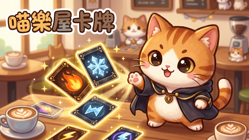 画面主体为一只Q版可爱、穿着魔法师斗篷的橘猫,正潇洒地甩出几张闪着金光的卡牌,卡牌上浮现出火焰、冰霜和闪电的微缩图标。背景是温馨治愈的猫咪咖啡馆,木制桌面上散落着几杯拉花咖啡和更多卡牌。布局采用中心构图,卡牌甩出的轨迹形成视觉引导线。排版上,画面左上角有艺术字标题“喵屋卡牌”,字体圆润可爱。整体为日系幻想卡通插画风格,色彩明亮温暖,细节丰富,毛发和卡牌纹理清晰,画质干净高清,无多余元素。