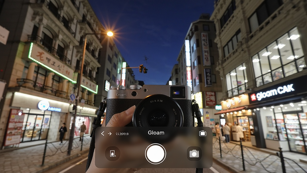 主体:Gloam相机在夜晚城市街头拍摄的样张,画面中灯光璀璨,建筑物细节丰富。布局:照片占据整个画面,下方有半透明的Gloam相机界面元素叠加。排版:照片主体突出,界面元素以悬浮形式呈现。风格:夜景摄影风格,高光压制与暗部细节表现优秀。细节:照片中的霓虹灯、路灯和店铺招牌清晰,天空呈现深蓝色,噪点极少。画质:高清晰度,干净,无多余元素。