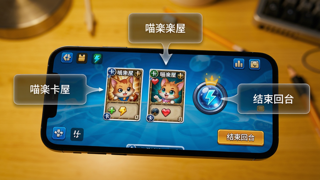 画面主体为一部智能手机横屏运行着喵屋卡牌游戏,手机周围悬浮着几个半透明的UI操作提示框,分别指向卡牌区域、能量球区域和结束回合按钮。背景为模糊的暖黄色书桌环境。布局采用特写镜头,手机屏幕内容清晰可见。排版上,提示框内有简洁的白色文字说明。整体为写实摄影风格,光影柔和,画质干净高清,无多余元素。