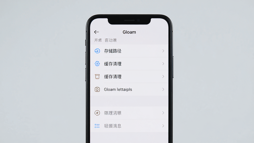主体:一部手机显示Gloam相机的设置界面,有“存储路径”、“缓存清理”等选项。布局:手机屏幕居中,背景为浅灰色。排版:设置界面各项功能列表清晰,顶部有返回箭头。风格:简洁的移动应用设置界面。细节:屏幕上的文字清晰可读,选项旁有图标。画质:高清,干净,无多余元素。