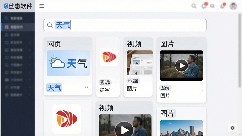 主体:丝惠软件的智能搜索界面,搜索框内输入“天气”,下方显示来自不同来源的卡片式结果。布局:搜索框位于顶部,结果以瀑布流形式排列,每张卡片带有平台logo。风格:清新简约,白色背景搭配浅灰色卡片,蓝色高亮关键词。细节:卡片上分别标注“网页”、“视频”、“图片”标签,整体层次分明。画质:细腻,干净,无多余元素。