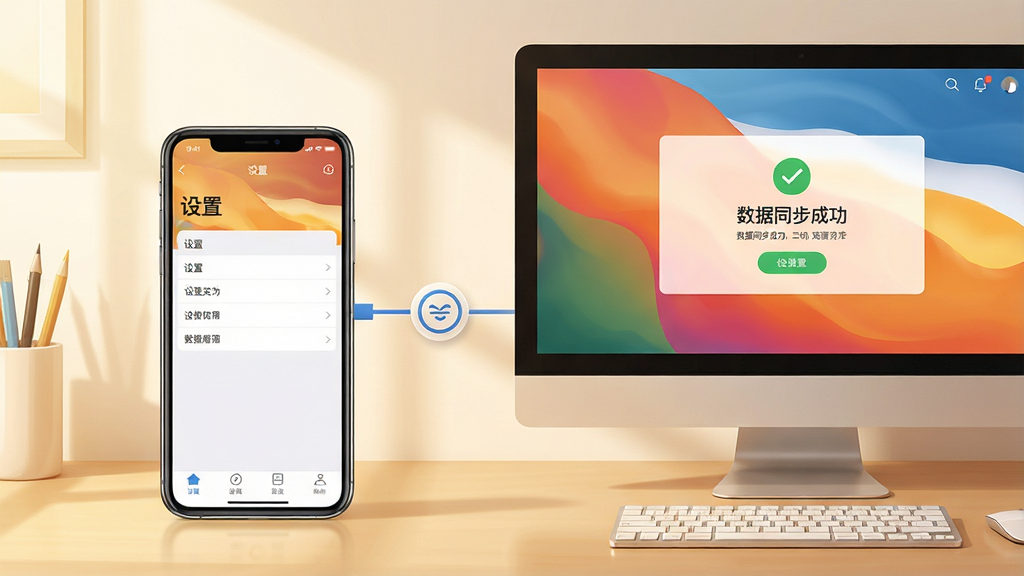 主体:一部手机与一台电脑并排,屏幕上都显示丝惠的界面,背景为简洁的工作台。布局:手机在左,电脑在右,中间有连接线图标,暗示跨平台同步。风格:写实与插画结合,色彩温暖。细节:手机屏幕显示“设置”菜单,电脑屏幕显示“数据同步成功”提示。画质:高清,干净,无多余元素。