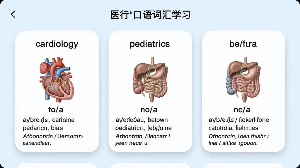医行口语词汇学习界面,展示“cardiology”“pediatrics”等单词卡片,配有人体器官示意图,卡片下方有音标、释义和例句,界面采用浅色背景,卡片圆角设计,排版舒适,画质细腻,干净无多余元素