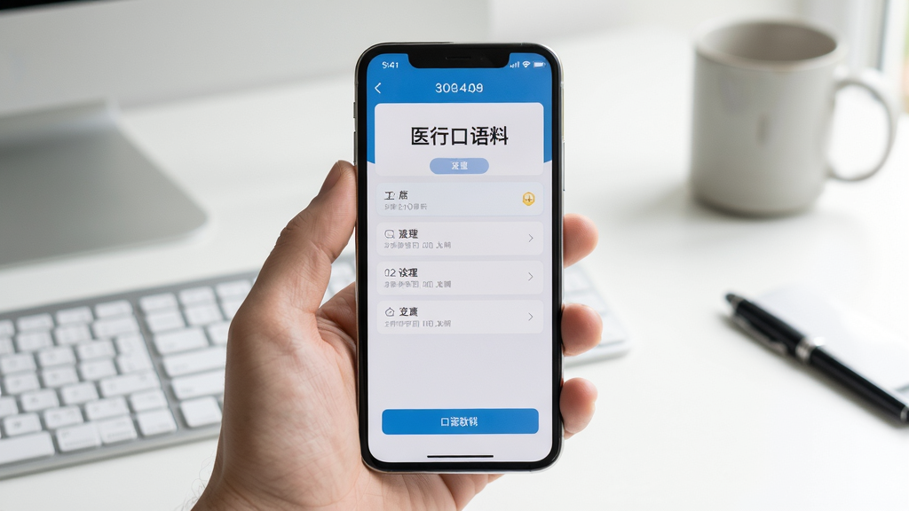 医行口语软件在手机上运行的实拍图,手机屏幕显示学习主界面,背景为整洁的桌面,光线明亮,构图居中,风格写实,细节真实,画质高清,干净无多余元素