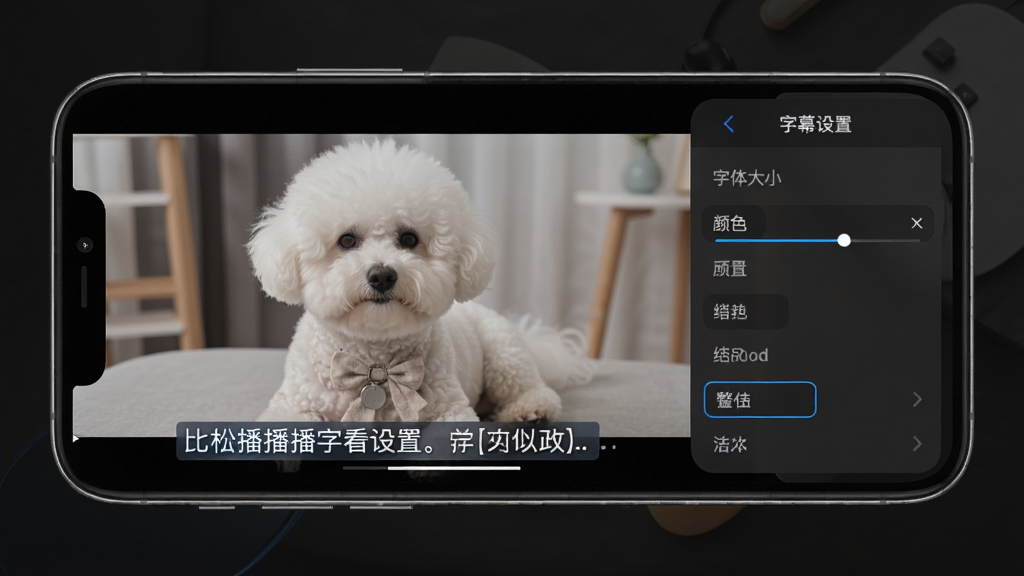 比熊播播字幕设置界面展示,手机屏幕上显示视频播放画面,画面下方有一条中文字幕,字幕高亮显示,旁边有字幕设置菜单,包含字体大小、颜色等选项,背景为暗色调,整体风格专注实用,布局清晰,排版规整,细节精致,画质高清,干净无多余元素