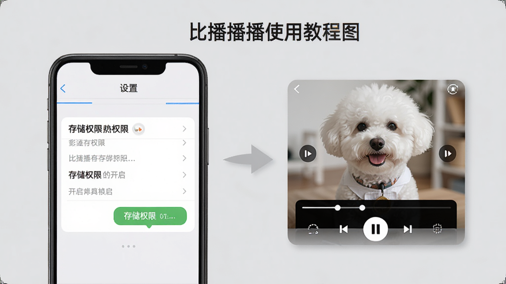 比熊播播使用教程步骤图,手机屏幕展示设置菜单中的存储权限开启界面,旁边有播放器主界面缩略图,背景为浅灰色,整体风格教学化,布局清晰,排版有序,细节明确,画质干净,无多余元素