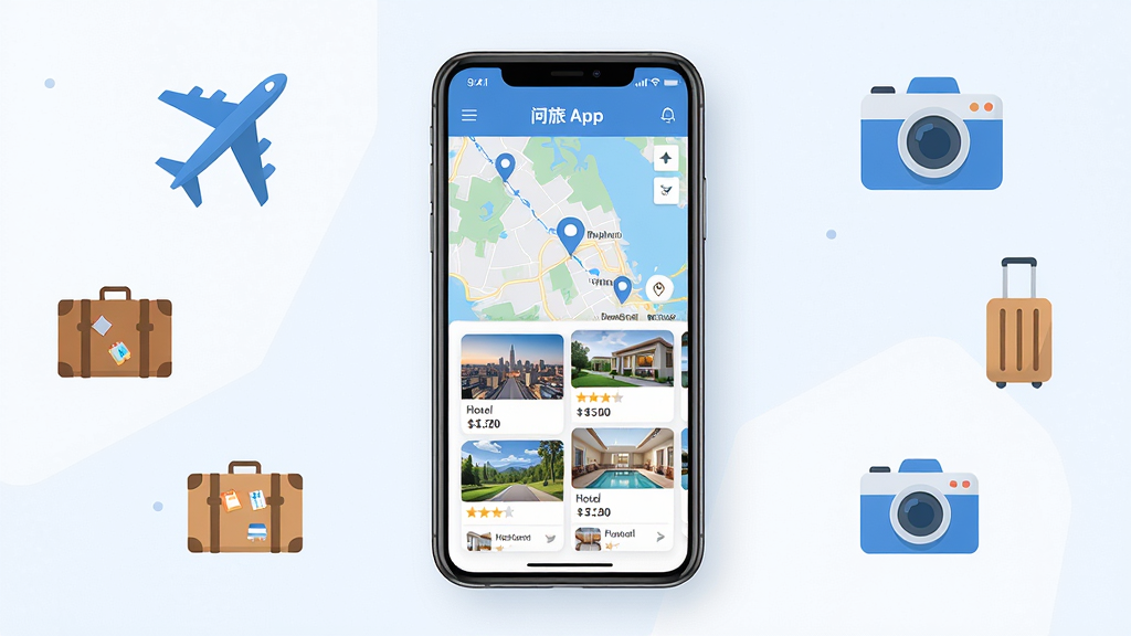 主体:问旅App界面展示,手机屏幕显示精美的旅行路线规划页面,包含地图、景点卡片和酒店推荐;布局:手机居中,屏幕内容清晰可见,周围环绕简约的旅行元素如飞机、行李箱、相机图标;排版:界面布局整洁,信息层级分明,色彩搭配舒适;风格:现代扁平化设计,色调清新明亮,以蓝色和白色为主;细节:地图上标注多个景点,酒店卡片展示星级和价格,整体画面干净无多余元素;画质:高清渲染,细节丰富,无噪点,干净利落