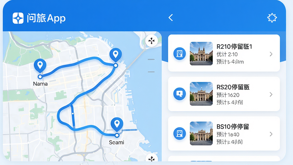 主体:问旅App的智能行程规划功能界面,屏幕显示一条优化后的旅行路线,串联多个景点;布局:左侧为地图,右侧为行程列表,清晰展示时间与地点;排版:地图与列表左右分栏,图标标注醒目,路线线条流畅;风格:简洁科技感,蓝色系为主,搭配白色卡片;细节:地图上标注起点、终点和途经点,列表显示每个景点的预计停留时间,画面干净无多余元素;画质:高清,无噪点,细节清晰