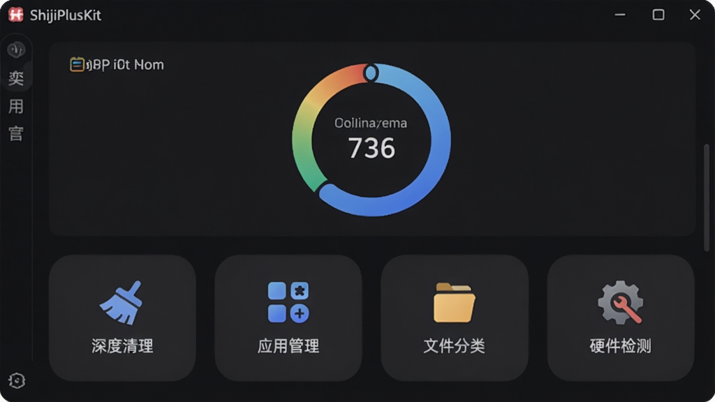 一张展示ShijiPlusKit软件主界面的高清截图,界面采用深色主题,模块化布局,顶部显示设备存储空间使用率环形图,下方排列“深度清理”、“应用管理”、“文件分类”、“硬件检测”四个圆角功能图标,整体风格现代简洁,科技感十足,画质干净,无多余元素
