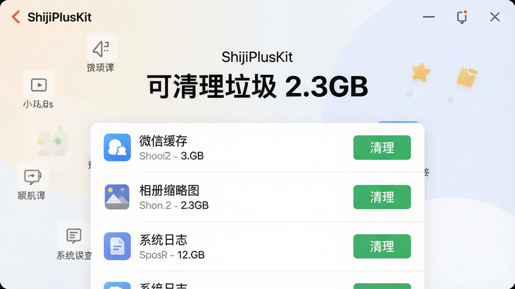 一张展示ShijiPlusKit深度清理界面的效果图,界面中央显示“可清理垃圾 2.3GB”的醒目数字,下方列表展示“微信缓存”、“相册缩略图”、“系统日志”等分类及各自大小,每个分类右侧有绿色“清理”按钮,背景柔和,界面清晰,风格简洁,画质高清,无多余元素