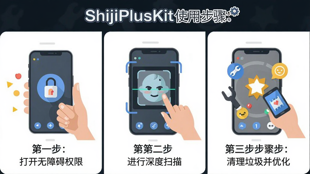 一张展示ShijiPlusKit使用步骤的教程图,图片分为三个步骤,第一步打开无障碍权限,第二步进行深度扫描,第三步清理垃圾并优化,每一步骤下方有简短文字说明,整体风格为扁平化插图,色彩明亮,画质清晰,无多余元素