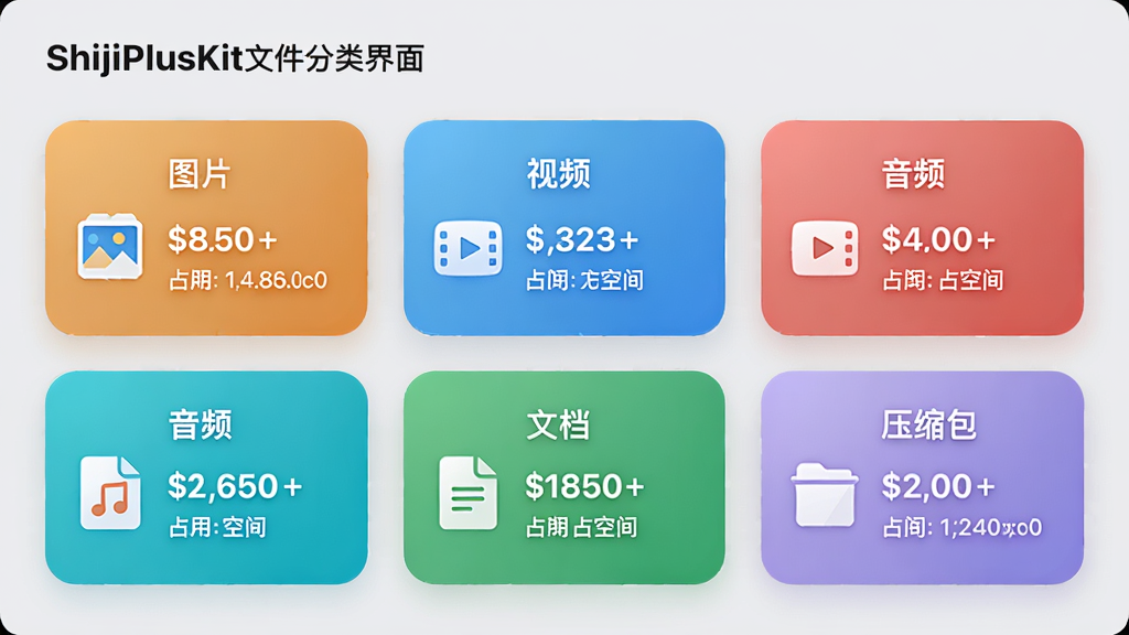 一张展示ShijiPlusKit文件分类界面的效果图,界面分为“图片”、“视频”、“音频”、“文档”、“压缩包”等多个彩色卡片,每个卡片上显示文件数量与占用空间,背景为浅灰色,卡片圆角设计,风格清新,布局整齐,画质高清,无多余元素
