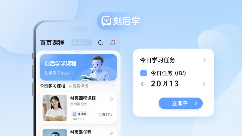 刻后学App主界面预览图,展示首页学习课程列表与今日学习任务卡片,背景为柔和的浅蓝色渐变,界面布局简洁,卡片圆角设计,顶部有“刻后学”品牌标识,整体风格现代清爽,画质干净,无多余元素