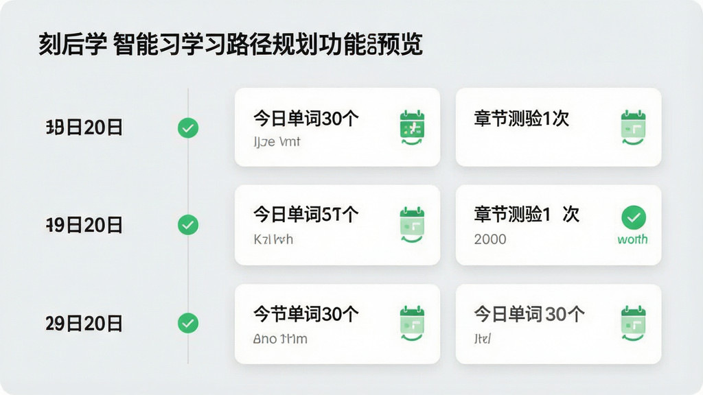 刻后学智能学习路径规划功能预览,展示一张时间轴样式的每日计划表,左侧为日期,右侧为任务卡片,卡片上标注“今日单词30个”、“章节测验1次”,背景为浅灰色,整体布局清晰,搭配绿色完成标记,画质干净,无多余元素