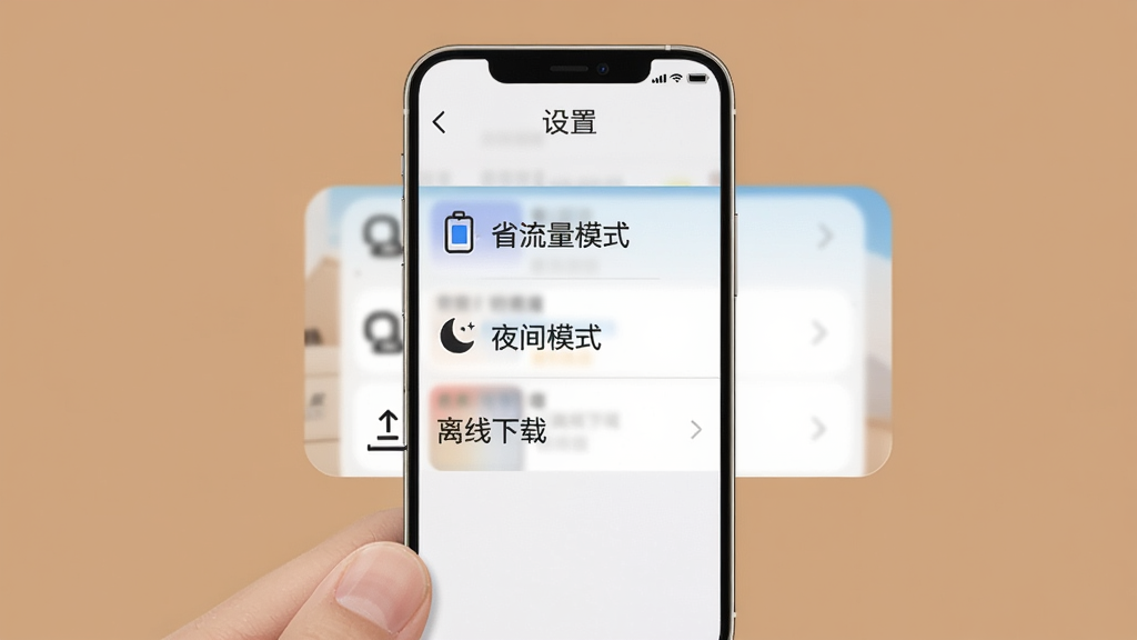 刻后学使用指南配图,展示手机端设置界面,包含“省流量模式”、“夜间模式”、“离线下载”选项,背景为浅棕色,界面简洁,画质干净,无多余元素