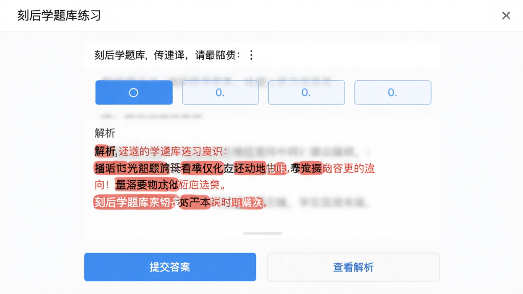 刻后学题库练习界面,展示一道选择题,下方有四个选项按钮,页面底部有“提交答案”和“查看解析”按钮,解析区域有红色高亮标注关键词,背景为白色,界面干净,无多余元素