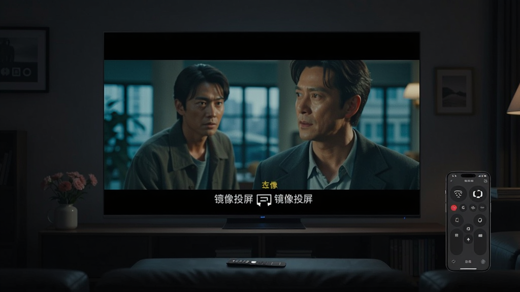 电视屏幕全屏播放电影画面,画面色彩鲜艳,无黑边,手机作为遥控器放在一旁,背景为暗色客厅,布局突出全屏效果与画质,风格沉浸写实,细节包括电影字幕与手机控制界面,画质高清干净,图片中文字标注