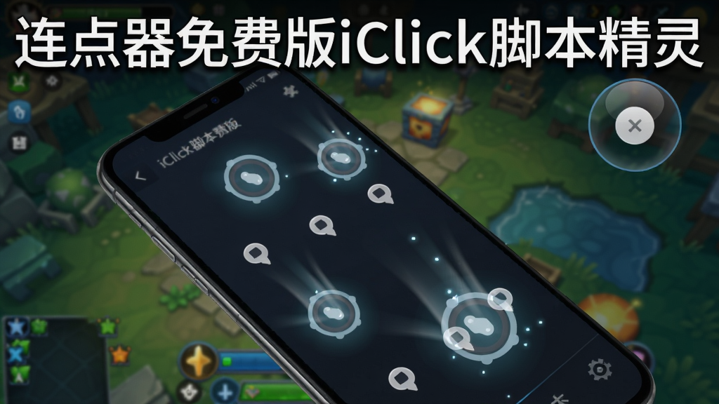 展示手机屏幕内连点器免费版iClick脚本精灵正在执行任务,屏幕上出现半透明点击特效,背景为游戏画面,右上角有悬浮控制球,整体画面动感,标注
