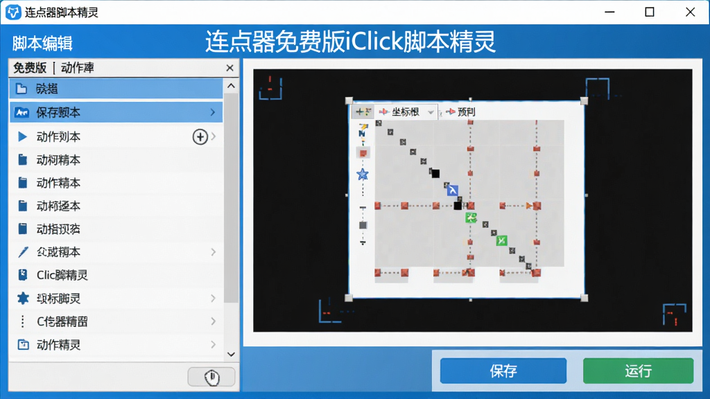 展示连点器免费版iClick脚本精灵的脚本编辑页面,左侧为动作列表,右侧为坐标预览图,底部有保存和运行按钮,整体界面采用蓝白配色,标注