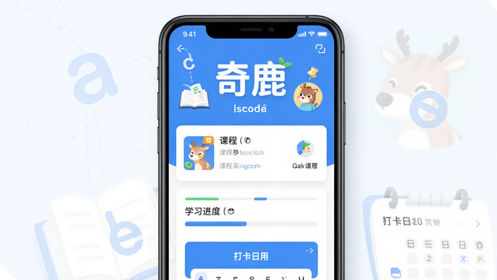 主体:奇鹿英语App的启动界面或主界面预览,显示“奇鹿”品牌名称和英语学习元素,如字母、书本。布局:居中构图,界面清晰展示功能模块图标。排版:现代简约,标题突出,界面元素排列有序。风格:扁平化设计风格,色彩明快,以蓝色和白色为主色调。细节:主界面上有课程列表、学习进度条和打卡日历,整体画面干净整洁。画质:高清,明亮,无多余元素。