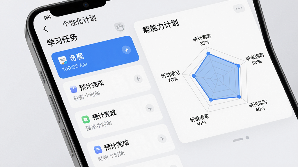 主体:手机屏幕上展示奇鹿App的个性化学习计划界面。布局:左侧为学习任务列表,右侧为能力雷达图。排版:数据可视化图表清晰,任务项以卡片形式排列。风格:科技感与教育感结合,界面采用浅灰色背景搭配蓝色高亮。细节:雷达图显示听说读写各项能力值,任务卡片标注预计完成时间。画质:清晰细腻,界面无冗余元素,干净专业。