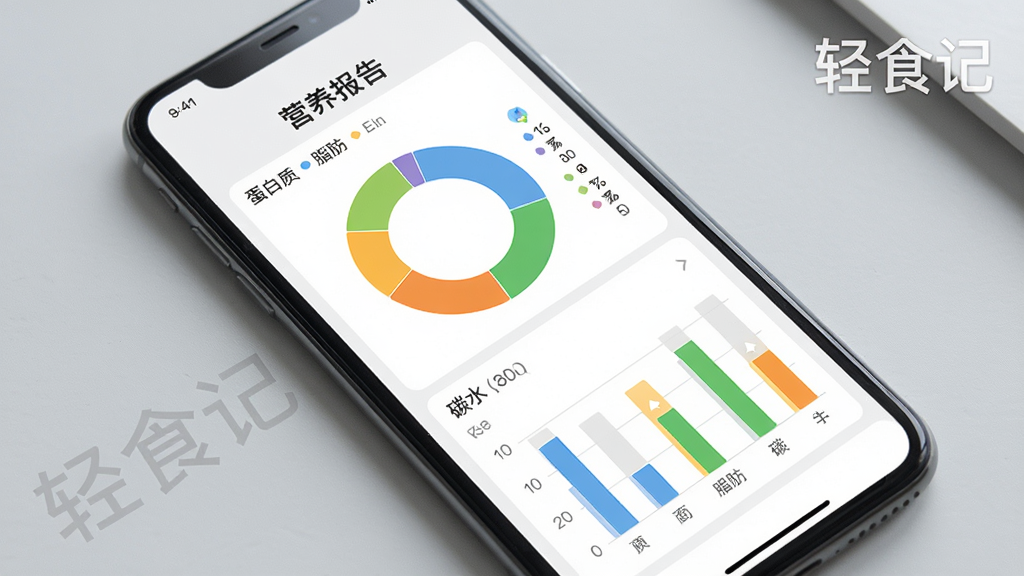 轻食记营养报告页面,手机屏幕显示彩色环形图表和柱状图,标注蛋白质、脂肪、碳水等数据,界面风格简洁专业,背景为浅灰色桌面,有“轻食记”水印,画质干净,无多余元素