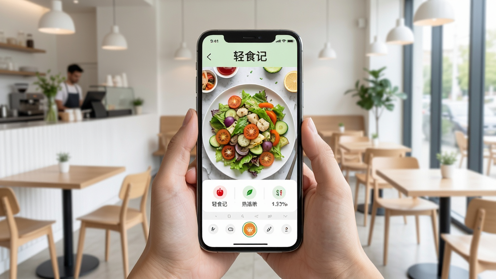 轻食记智能识别功能演示,用户手持手机拍摄一盘沙拉,屏幕中显示识别出的食材名称和热量数据,界面有“轻食记”字样,背景为现代简约餐厅,画面明亮,细节丰富,画质清晰,无多余元素