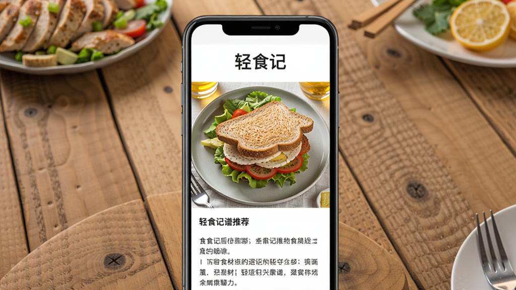轻食记食谱推荐页面,手机屏幕展示多道精美轻食菜品图片,如鸡胸肉沙拉、全麦三明治,下方有食材和步骤文字,界面有“轻食记”标识,背景为原木色餐桌,画质高清,色彩鲜艳,无多余元素