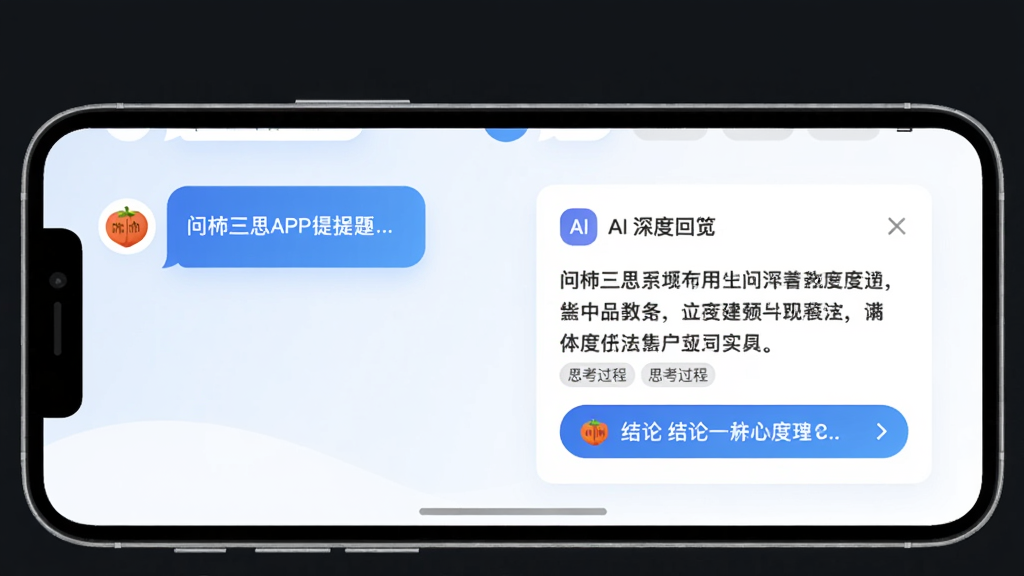 问柿三思APP主界面预览图,主体为手机屏幕展示聊天式问答界面,左侧用户提问气泡,右侧AI深度回答卡片,布局简洁,采用蓝白渐变主色调,排版清爽,扁平化设计风格,细节包含思考过程标签和结论高亮,画质清晰干净,无多余元素