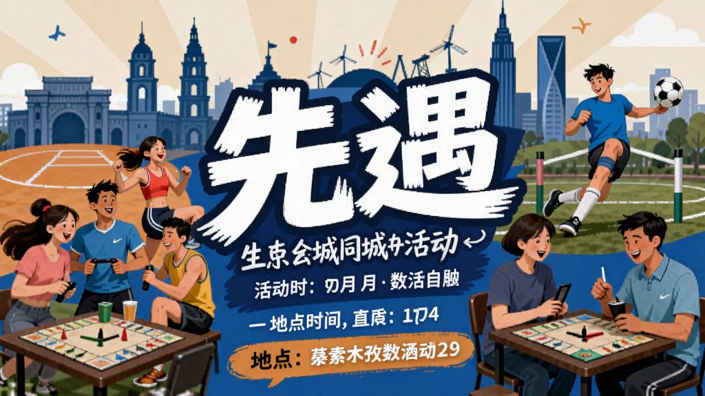 一幅“先遇”同城活动的宣传插画,主体为活动海报风格,展示聚会、运动、桌游等场景,背景为城市地标剪影,排版活泼,风格写实,细节有活动时间与地点标注,画质清晰,无多余元素。