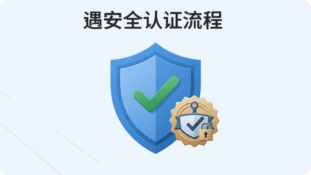 一张“先遇”安全认证流程的示意图,主体为盾牌图标与认证徽章,背景为淡蓝色,排版居中,风格简约,细节有对勾与锁形符号,画质干净,无多余元素。