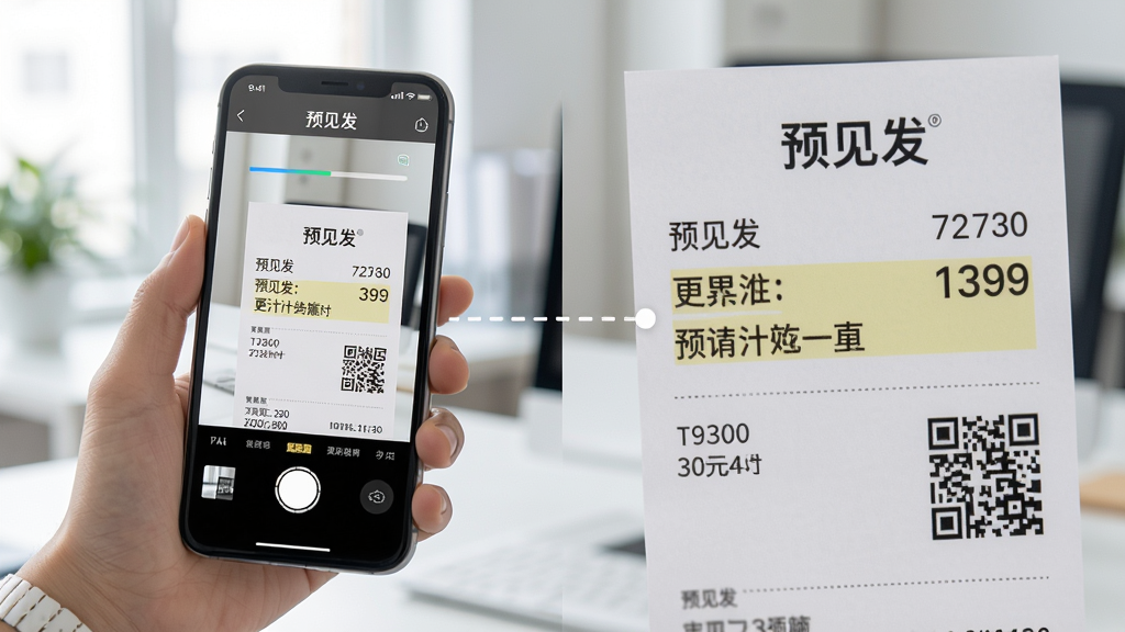 主体:一名用户手持手机对着一张发票拍照,手机屏幕中显示“预见发”APP正在识别发票。布局:左侧为手机特写,右侧为发票的放大效果,被识别的文字高亮标出。排版:左右分屏,中间用虚线连接,突出识别过程。风格:写实风格,明亮办公环境,背景虚化。细节:手机屏幕显示识别进度条和“预见发”品牌标识,发票上的数字和二维码清晰可见,光线柔和。画质:高清,干净,无多余元素。
