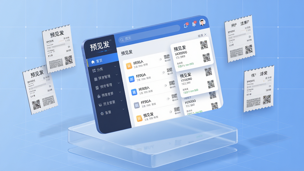 主体:一款名为“预见发”的发票管理APP的3D概念展示图,界面悬浮在透明数字底座上,周围环绕着各种发票缩略图。布局:中心构图,软件界面占据视觉焦点,界面中清晰显示“预见发”字样和发票列表。排版:界面布局清晰,左侧为分类导航,右侧为发票卡片流。风格:现代扁平化结合轻微拟物阴影,商务科技感。细节:高精度渲染,发票上的文字和二维码清晰可辨,背景为柔和的渐变蓝色,带有网格线条。画质:8K超高清,干净,无多余元素。