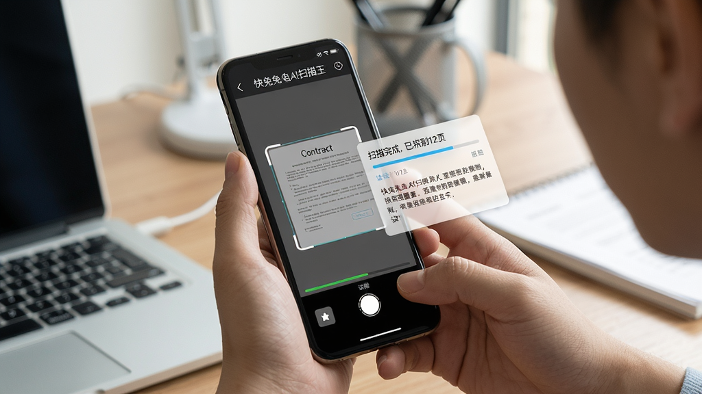 主体:用户正在使用快兔兔AI扫描王扫描一份纸质合同,手机屏幕显示扫描进度和识别结果。布局:用户手部持手机,手机屏幕中央显示扫描框,旁边有进度条和识别文字浮层。排版:真实使用场景,突出操作便捷性。风格:实拍风格,自然光线。细节:手机屏幕上显示“扫描完成,已识别12页”字样,背景为办公桌面。画质:高清,干净,无多余元素。