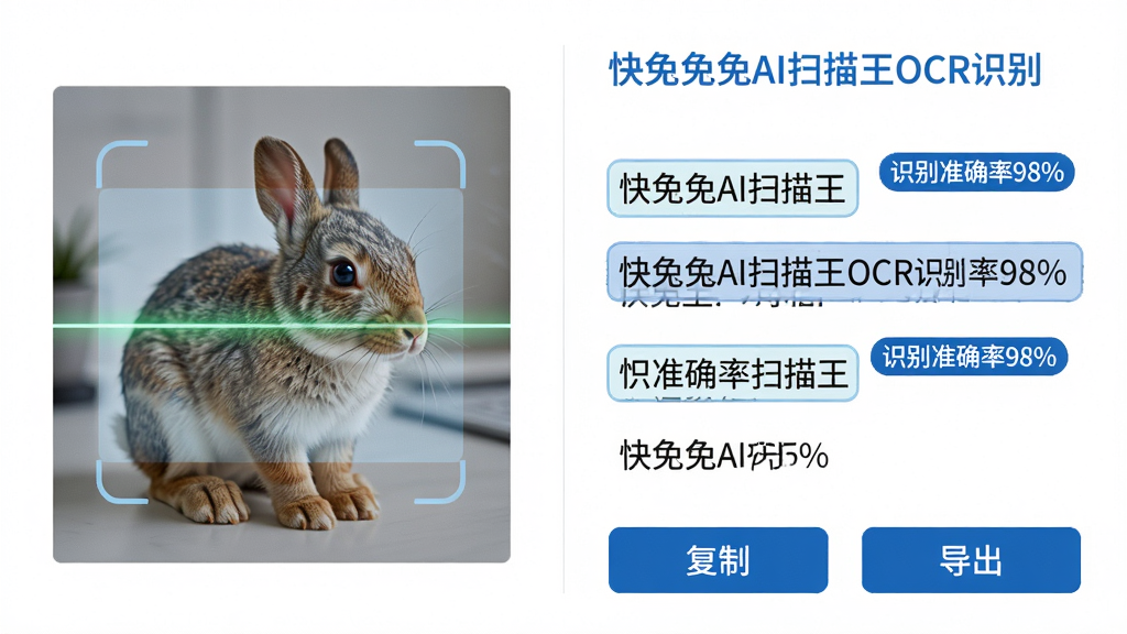主体:快兔兔AI扫描王OCR识别功能展示。布局:左侧为原始图片,右侧为识别出的文字列表,下方有复制和导出按钮。排版:左右对照,直观展示识别效果。风格:简洁商务风,白底蓝字。细节:图片上叠加了扫描线效果,文字识别区域用高亮框标出,并显示“识别准确率98%”的标签。画质:高清,干净,无多余元素。