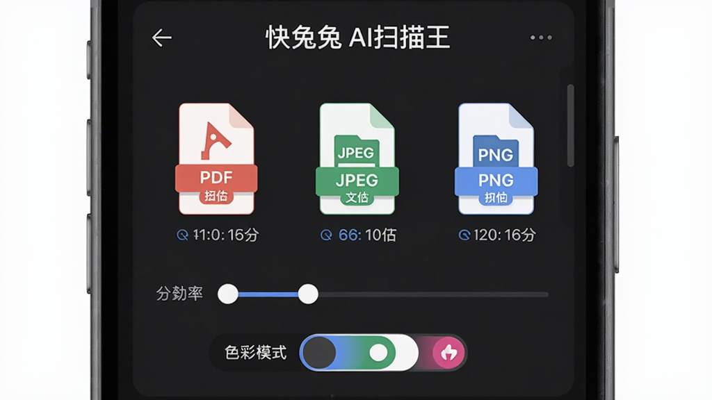 主体:快兔兔AI扫描王文档格式选择界面。布局:手机屏幕居中,屏幕内显示“PDF”、“JPEG”、“PNG”三个格式选项图标,下方有分辨率滑块和色彩模式切换按钮。排版:图标大而清晰,操作提示明确。风格:扁平化设计,色彩柔和。细节:每个格式图标下方有对应的文件大小预估,色彩模式按钮用不同颜色区分。画质:高清,干净,无多余元素。