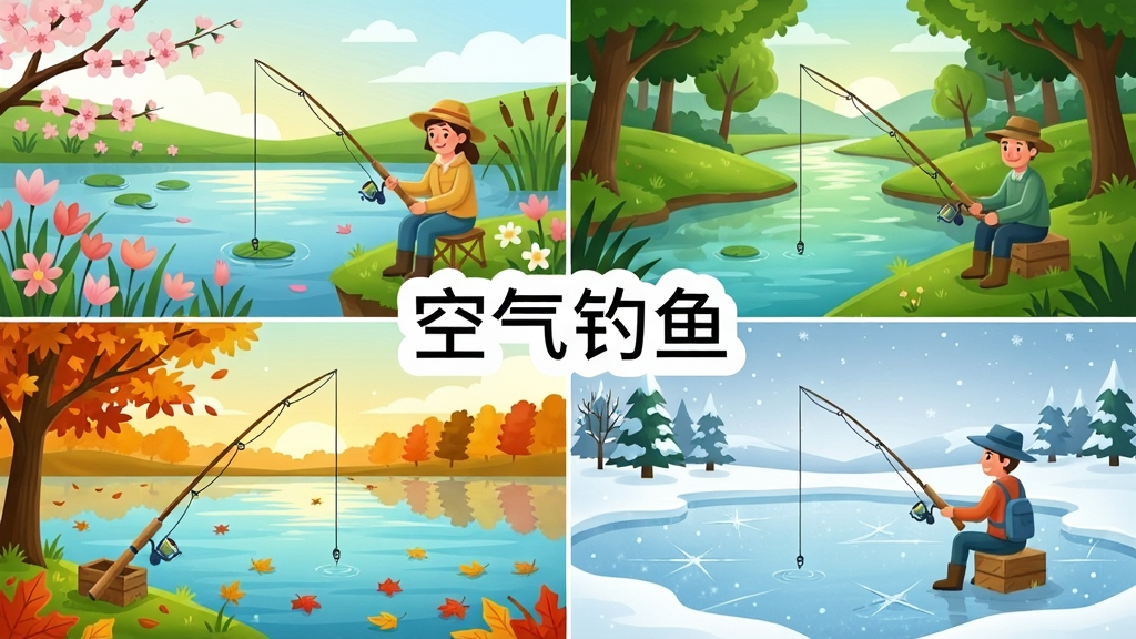一幅展示“空气钓鱼”多样场景的插画,主体是四个不同季节的钓鱼场景拼贴,分别是春天的花丛池塘、夏天的绿荫溪流、秋天的落叶湖泊、冬天的雪地冰面,每个场景中都有一个简易的钓鱼竿,整体布局为四宫格,风格清新唯美,细节丰富,画质高清干净,无多余元素,画面中央标注“空气钓鱼”字样。