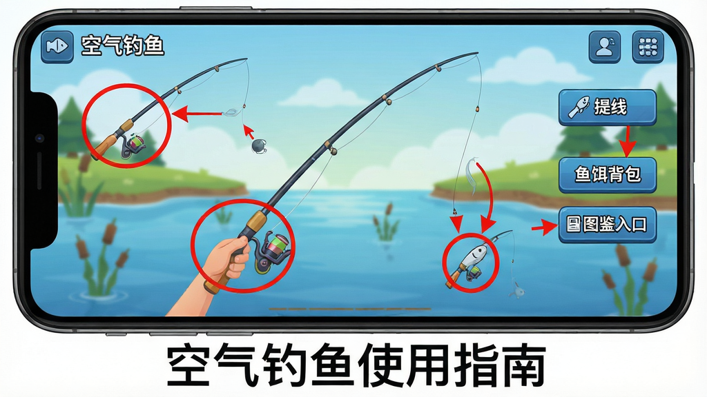 一张手机游戏教程示意图,主体是“空气钓鱼”游戏主界面,界面上用红色圆圈和箭头标注了各个功能按钮的位置,包括抛竿、收线、提竿、鱼饵背包和图鉴入口,整体布局清晰,风格简洁明了,细节标注准确,画质高清干净,无多余元素,图片底部标注“空气钓鱼使用指南”字样。