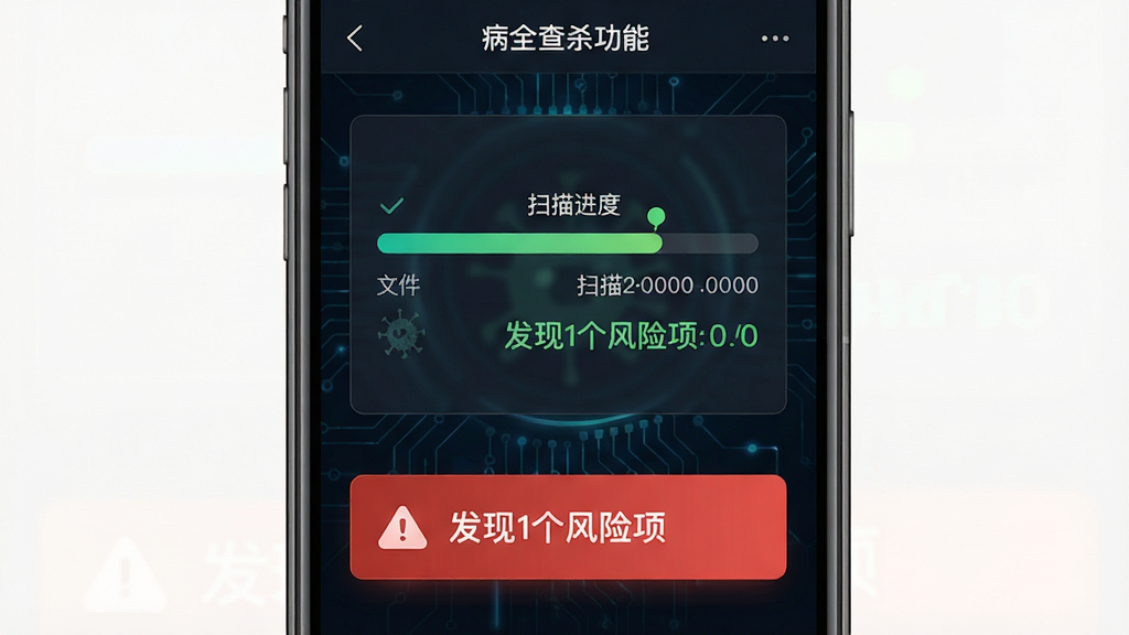 安全工程师病毒查杀功能界面,手机屏幕显示扫描进度条,扫描文件数量实时跳动,底部有“发现1个风险项”红色提示卡片,背景为深色科技风格,整体布局简洁,排版规整,风格写实,细节清晰,画质高清,干净无多余元素
