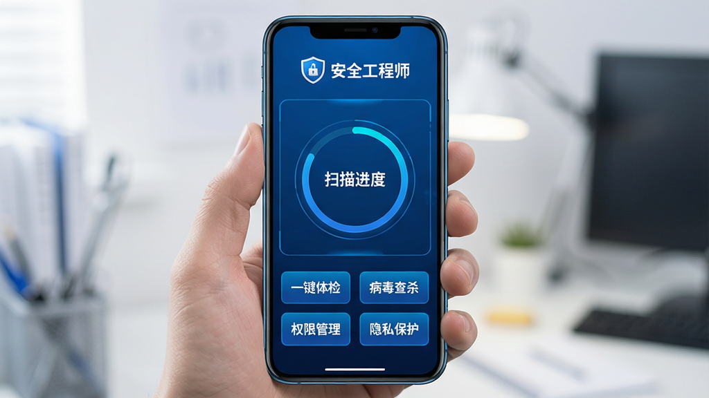 一张智能手机屏幕展示安全工程师主界面,界面顶部显示“安全工程师”品牌标识与盾牌图标,中部为扫描进度圆环,底部排列“一键体检”“病毒查杀”“权限管理”“隐私保护”四个功能按钮,整体采用蓝色科技感风格,布局清晰,排版整洁,画质细腻,干净无多余元素