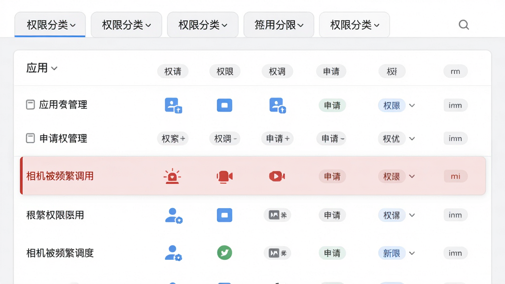 安全工程师权限管理界面,列表展示各个应用及其申请的权限图标,其中一项标红提示“相机被频繁调用”,界面顶部为权限分类标签,整体风格简约清爽,布局清晰,排版整齐,画质细腻,干净无多余元素