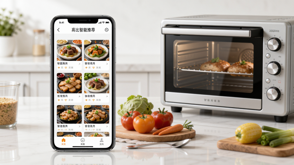 高比智能烤箱app界面展示智能食谱推荐功能,手机屏幕显示多款美食食谱列表,旁边摆放新鲜食材与烤箱,画面整洁明亮,突出智能推荐与便捷操作,画质干净无多余元素。