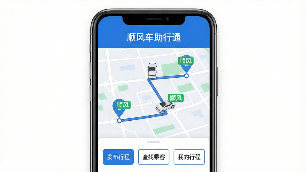 主体:手机屏幕展示“顺风车助行通”主界面,界面顶部显示“顺风车助行通”字样,中间为地图路线与车辆图标,底部有“发布行程”“查找乘客”“我的行程”三个按钮;布局:手机居中,界面清晰,四周留白;排版:界面元素排列整齐,功能图标间距均匀;风格:现代扁平化设计风格,色彩以蓝色和白色为主,简洁明快;细节:地图上显示起点终点标记,车辆图标带有绿色“顺风”标识,按钮文字清晰可见;画质:高清渲染,干净,无多余元素。