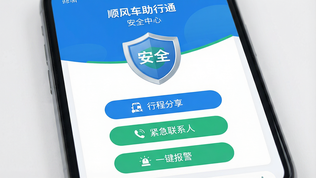 主体:手机屏幕显示“顺风车助行通”安全中心页面,页面中央有一个大盾牌图标,下方有“行程分享”“紧急联系人”“一键报警”三个功能按钮;布局:盾牌居中,按钮纵向排列;排版:按钮间距均匀,文字清晰;风格:安全类应用风格,蓝色与绿色搭配;细节:盾牌图标上有“安全”字样,按钮带有小图标;画质:高清,干净,无多余元素。