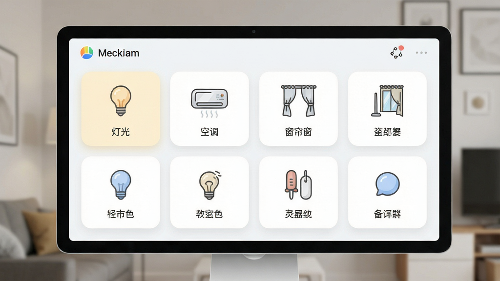 小萤家智能家居管理软件主界面预览图,展示灯光、空调、窗帘等设备控制面板,界面采用卡片式布局,浅色背景,图标圆润清晰,整体风格简洁现代,画质干净,无多余元素。