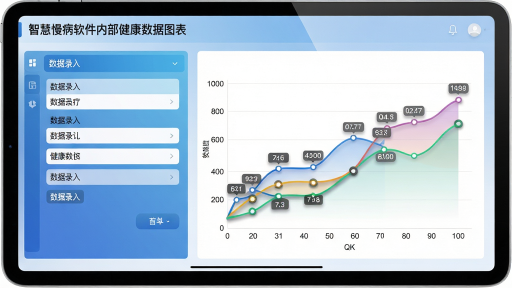 主体:智慧慢病软件内部健康数据图表页面。布局:平板电脑横屏展示,左侧为数据录入表单,右侧为彩色折线趋势图。排版:图表坐标轴清晰,数据点有标签,界面布局饱满。风格:医疗级专业风格,界面整洁,使用蓝色渐变与白色背景。细节:图表线条流畅,数据点带有阴影效果,屏幕有微弱反光。画质:高清渲染,细节丰富,画面干净无多余元素。